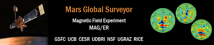 MGS over Olympus Mons,
 Artwork by Corby Waste; Mars Global Surveyor, Magnetic Field Experiment, MAG/ER
, GSFC UCB CESR UDBRI NSF UGRAZ RICE; cover art of GRL Vol. 28, No. 21 with blac
k background