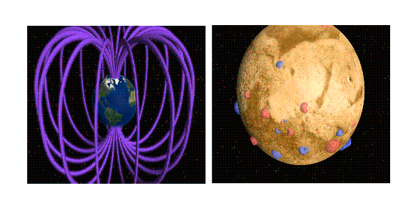 left image is of Earth's
magnetic field; right image is of Mars' magnetic field